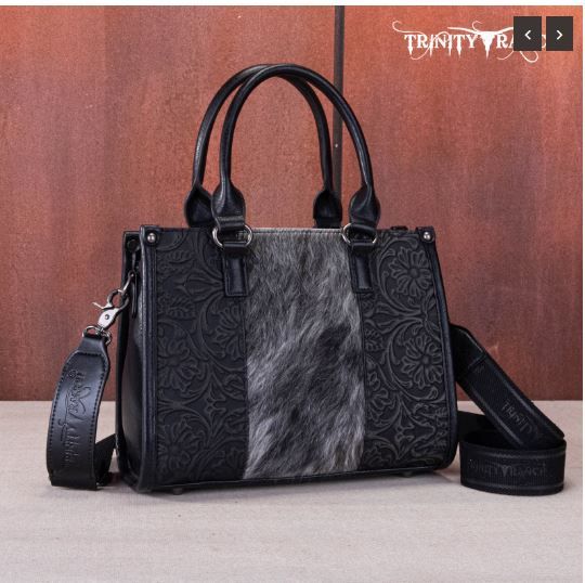 TR164-8250 BK Trinity Ranch Hair On Cowhide Tooling Concealed Carry Tote/Crossbody