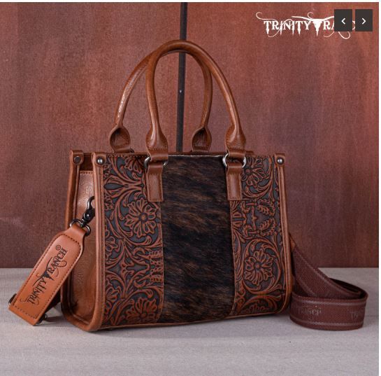 TR164-8250 BR Trinity Ranch Hair On Cowhide Tooling Concealed Carry Tote/Crossbody