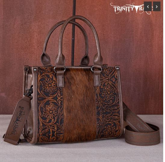 TR164-8250 CF Trinity Ranch Hair On Cowhide Tooling Concealed Carry Tote/Crossbody