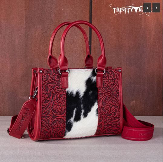 TR164-8250 RD Trinity Ranch Hair On Cowhide Tooling Concealed Carry Tote/Crossbody