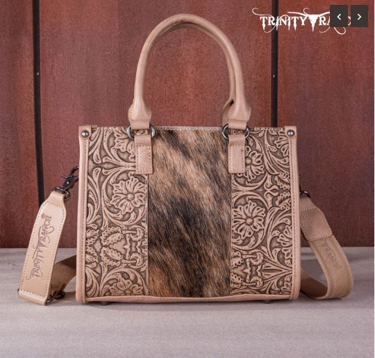 TR164-8250 TN Trinity Ranch Hair On Cowhide Tooling Concealed Carry Tote/Crossbody