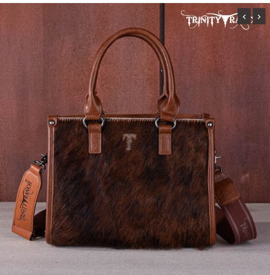 TR164-8250A BR Trinity Ranch Hair On Cowhide Tooling Concealed Carry Tote/Crossbody