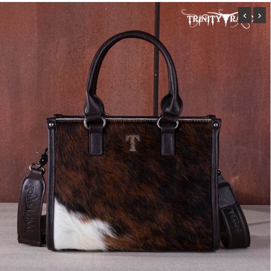 TR164-8250A CF Trinity Ranch Hair On Cowhide Tooling Concealed Carry Tote/Crossbody