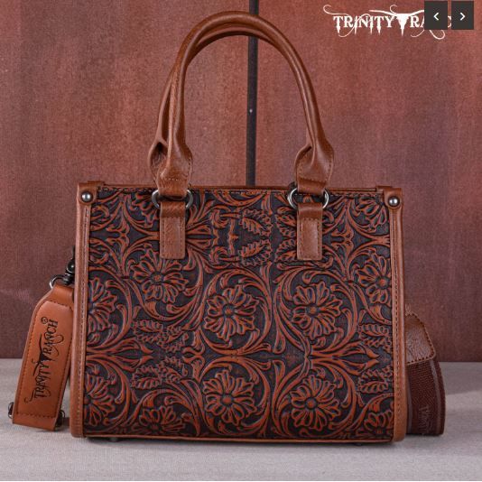 TR164-8250B BR Trinity Ranch Floral Tooled Concealed Carry Tote/Crossbody