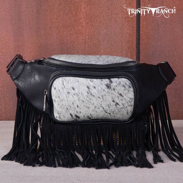 TR165-194A BK  Trinity Ranch Genuine Hair-On Cowhide Fringe Belt Bag