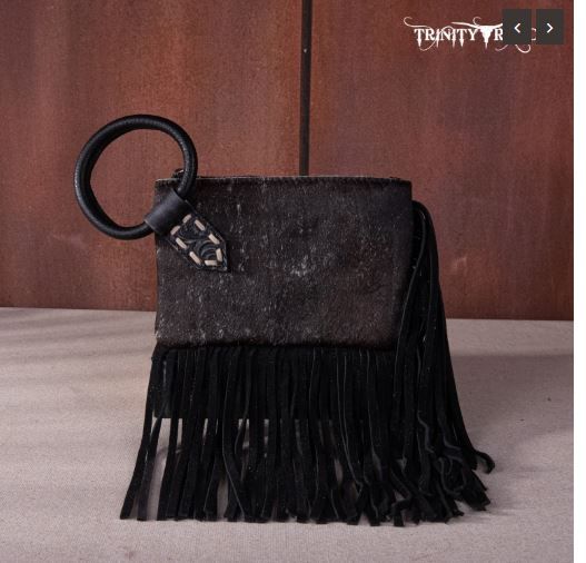 TR167-A181 BK Trinity Ranch Genuine Hair-On Cowhide Ring Handle Wristlet Clutch Bag