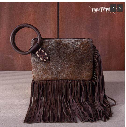 TR167-A181 CF Trinity Ranch Genuine Hair-On Cowhide Ring Handle Wristlet Clutch Bag