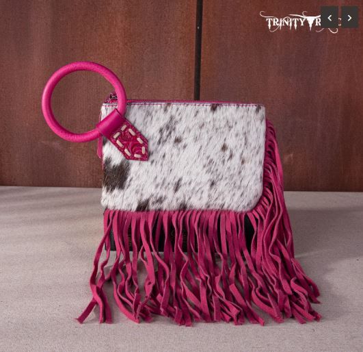 TR167-A181 HPK Trinity Ranch Genuine Hair-On Cowhide Ring Handle Wristlet Clutch Bag