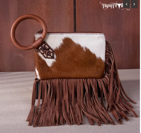 TR167-A181 OAK Trinity Ranch Genuine Hair-On Cowhide Ring Handle Wristlet Clutch Bag