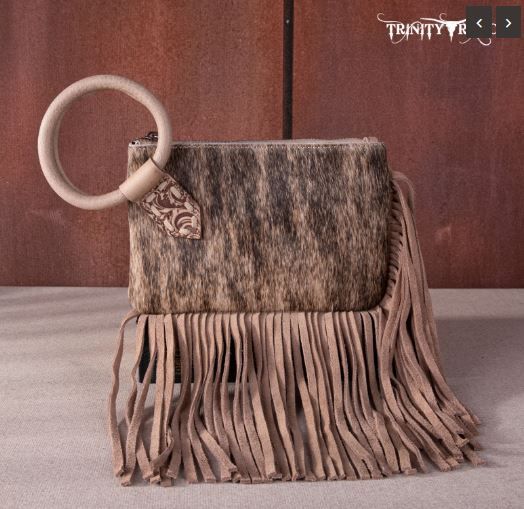 TR167-A181 TN Trinity Ranch Genuine Hair-On Cowhide Ring Handle Wristlet Clutch Bag