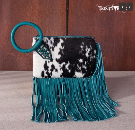 TR167-A181 TQ Trinity Ranch Genuine Hair-On Cowhide Ring Handle Wristlet Clutch Bag