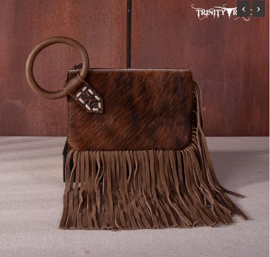 TR167-A181 BR Trinity Ranch Genuine Hair-On Cowhide Ring Handle Wristlet Clutch Bag