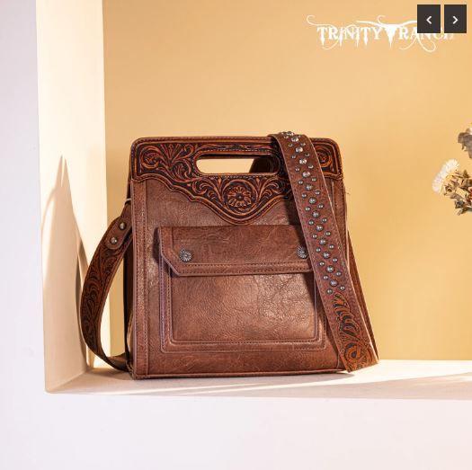 TR173G-9360 BR  Trinity Ranch Floral Tooled Concealed Carry Crossbody Bag