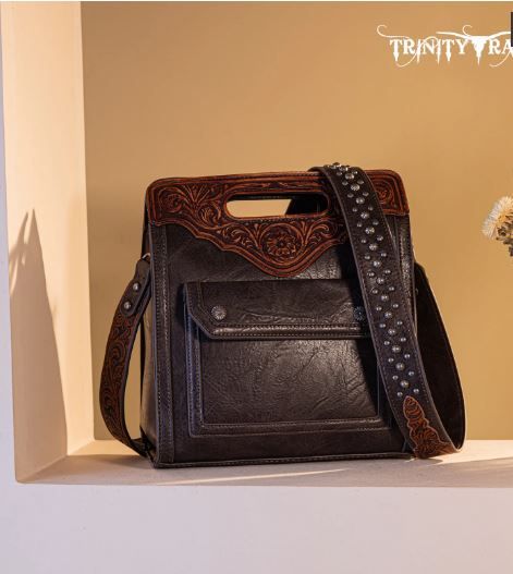 TR173G-A9360 CF  Trinity Ranch Hair-On Cowhide Floral Tooled Concealed Carry Crossbody Bag