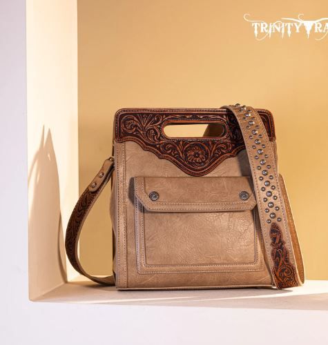 TR173G-A9360 KH  Trinity Ranch Hair-On Cowhide Floral Tooled Concealed Carry Crossbody Bag