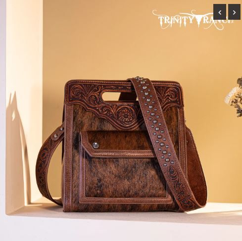 TR173G-A9360 BR  Trinity Ranch Hair-On Cowhide Floral Tooled Concealed Carry Crossbody Bag