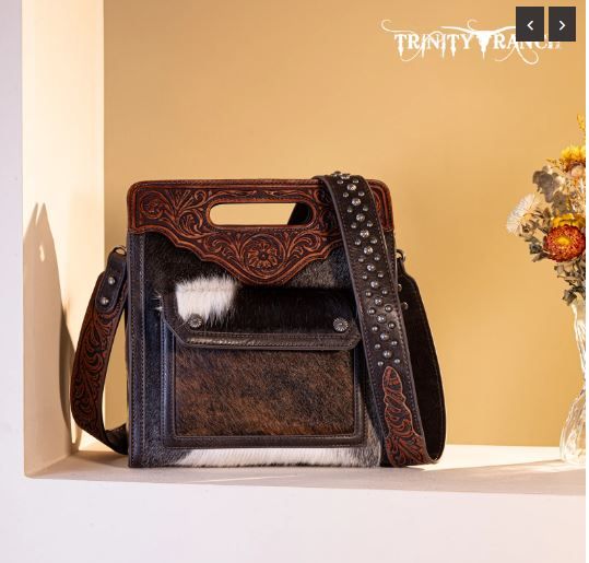 TR173G-A9360 CF  Trinity Ranch Hair-On Cowhide Floral Tooled Concealed Carry Crossbody Bag