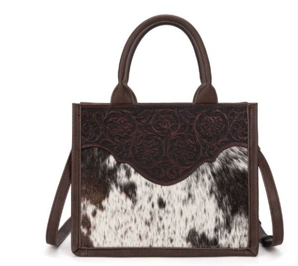 TR178G-8899 CF Trinity Ranch Hair On Cowhide Floral Tooled Concealed Carry Tote/Crossbody