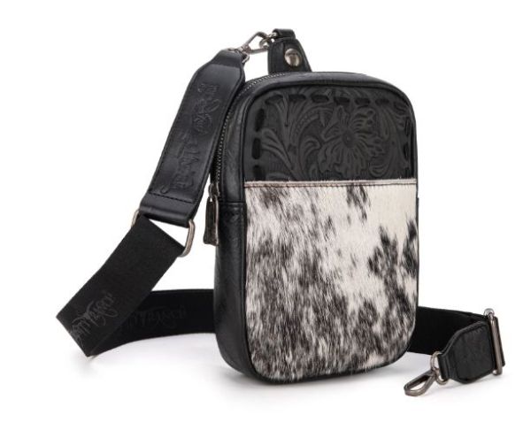 TR179-185 BK Trinity Ranch Genuine Hair-On Cowhide Tooled Sling Bag