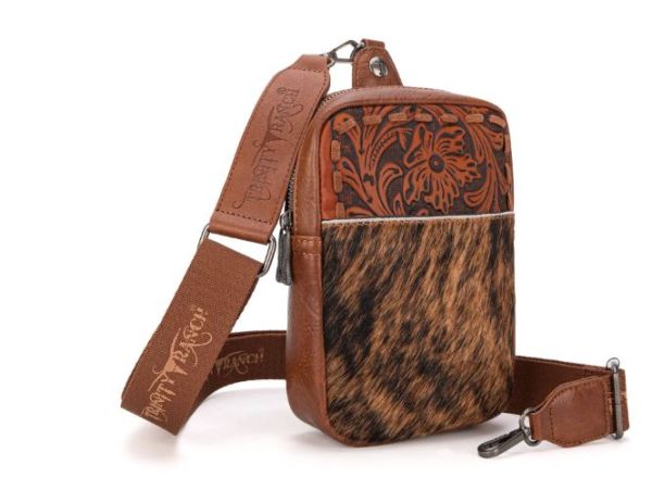 TR179-185 BR Trinity Ranch Genuine Hair-On Cowhide Tooled Sling Bag