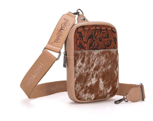 TR179-185 TN Trinity Ranch Genuine Hair-On Cowhide Tooled Sling Bag