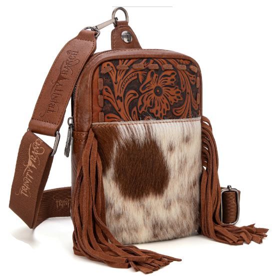 TR179-186 BR Trinity Ranch Genuine Hair-On Cowhide Tooled Fringe Sling Bag