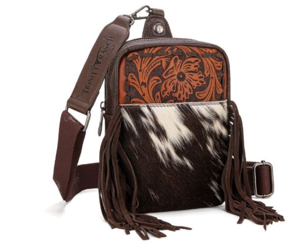 TR179-186 CF Trinity Ranch Genuine Hair-On Cowhide Tooled Fringe Sling Bag