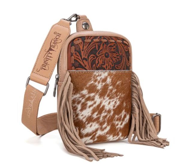 TR179-186 KH Trinity Ranch Genuine Hair-On Cowhide Tooled Fringe Sling Bag