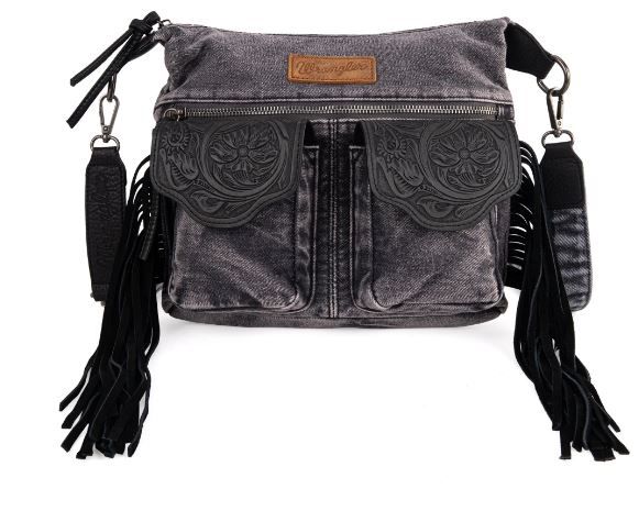 WG103-2009S BK  Wrangler Fringe Floral Tooled Denim Crossbody