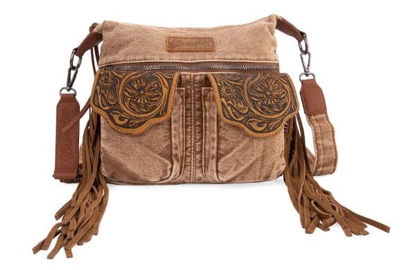 WG103-2009S BR  Wrangler Fringe Floral Tooled Denim Crossbody