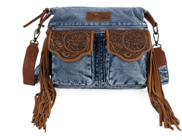 WG103-2009S JN  Wrangler Fringe Floral Tooled Denim Crossbody