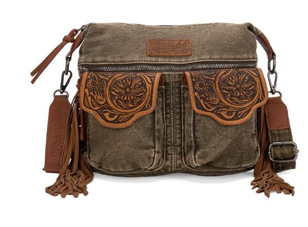 WG103-2009S OLV  Wrangler Fringe Floral Tooled Denim Crossbody