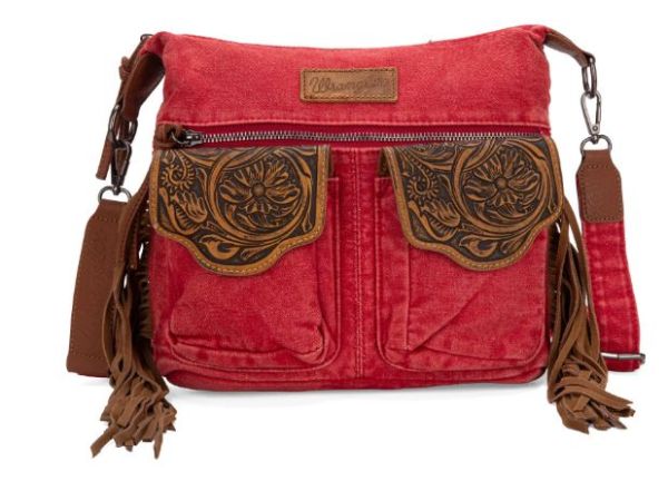 WG103-2009S RD  Wrangler Fringe Floral Tooled Denim Crossbody