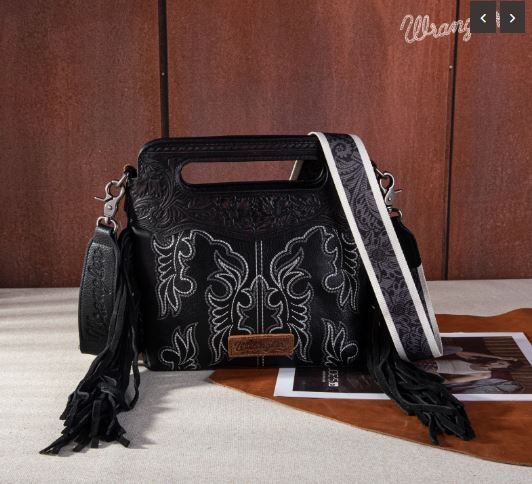 WG110-2022 BK Wrangler Top Handle Embroidered Fringe Mini Tote