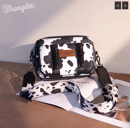 WG133-3003 BK Wrangler Cow Print Crossbody Purse With Wallet Compartment