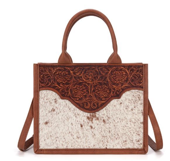 TR178G-8899 BR Trinity Ranch Hair On Cowhide Floral Tooled Concealed Carry Tote/Crossbody