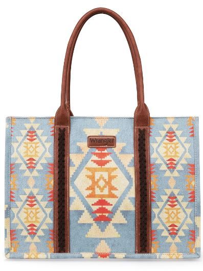 WG2202-8119 BR Wrangler Southwestern Pattern Dual Sided Print Canvas Wide Tote