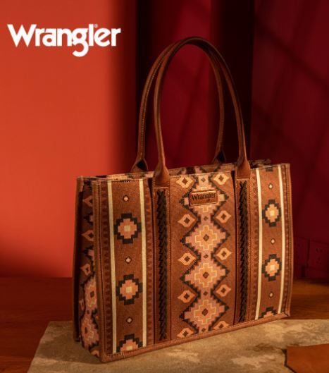 WG2203-8119 BR Wrangler Southwestern Pattern Dual Sided Print Canvas Wide Tote 