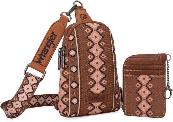 WG2205-210W DBR Wrangler Aztec Print Crossbody Sling Chest Bag With Zip Card Holder Set