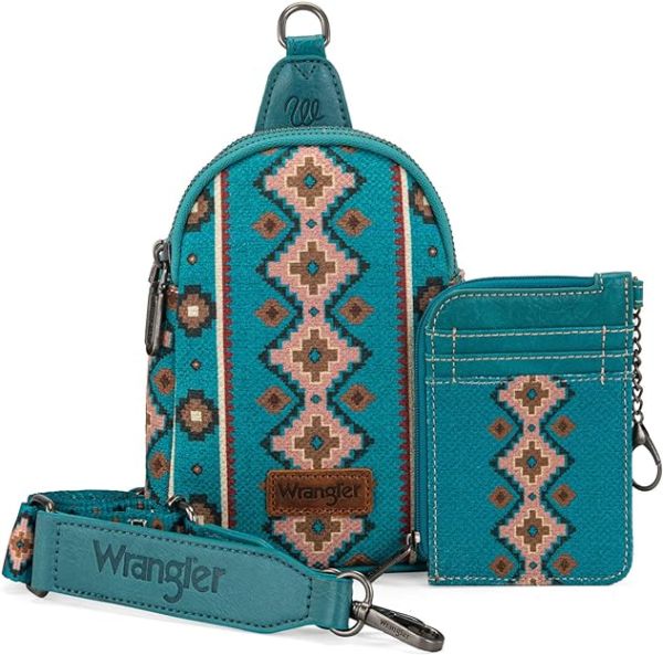 WG2205-210W TQ Wrangler Aztec Print Crossbody Sling Chest Bag With Zip Card Holder Set