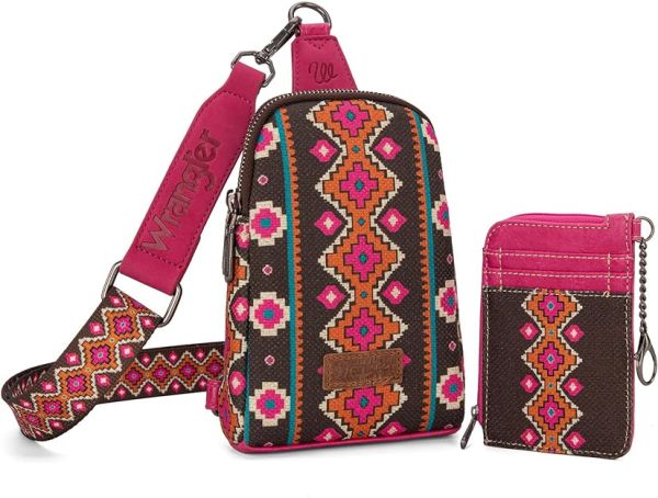 WG2205-210W HPK Wrangler Aztec Print Crossbody Sling Chest Bag With Zip Card Holder Set