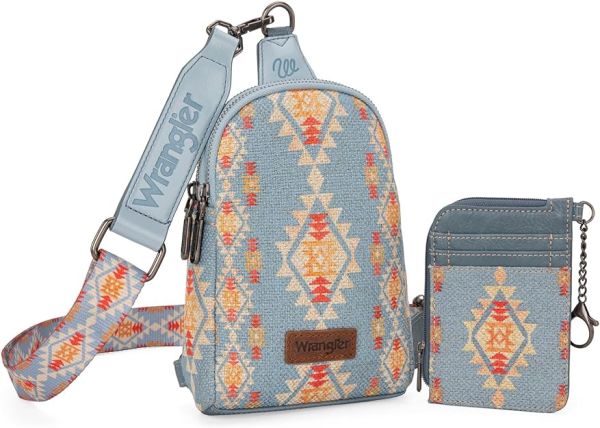 WG2205-210W JN Wrangler Aztec Print Crossbody Sling Chest Bag With Zip Card Holder Set