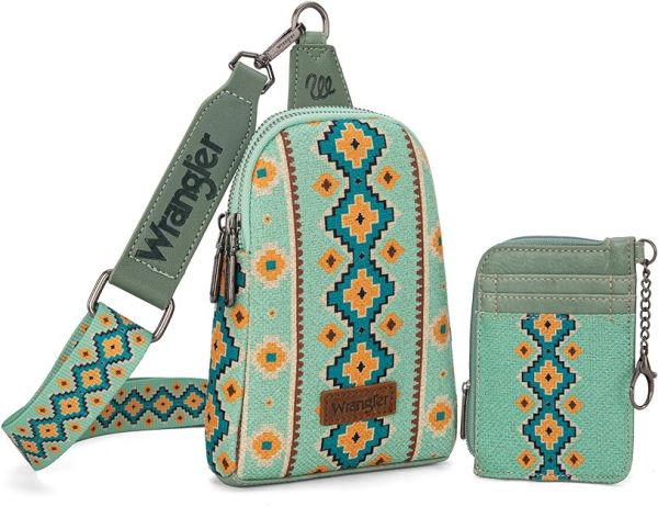 WG2205-210W GN Wrangler Aztec Print Crossbody Sling Chest Bag With Zip Card Holder Set