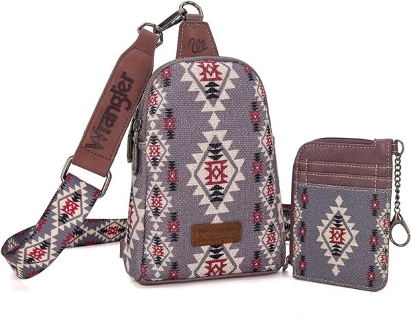 WG2205-210W LV Wrangler Aztec Print Crossbody Sling Chest Bag With Zip Card Holder Set