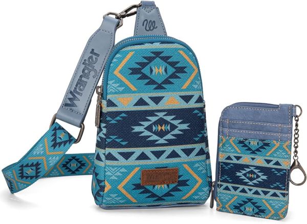 WG2205-210W NY Wrangler Aztec Print Crossbody Sling Chest Bag With Zip Card Holder Set