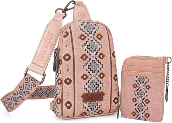 WG2205-210W PK Wrangler Aztec Print Crossbody Sling Chest Bag With Zip Card Holder Set