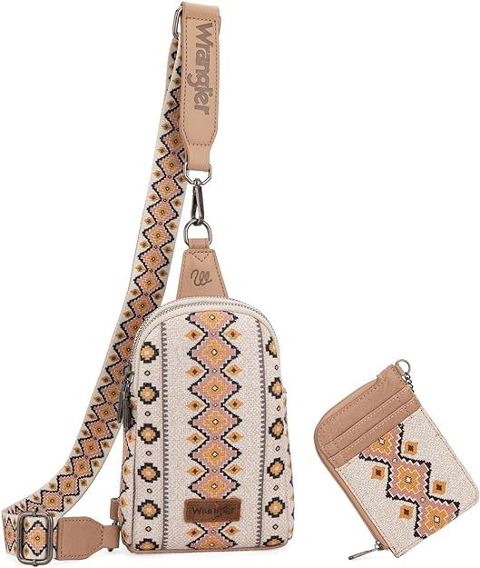 WG2205-210W TN Wrangler Aztec Print Crossbody Sling Chest Bag With Zip Card Holder Set