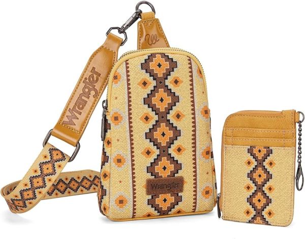 WG2205-210W YL Wrangler Aztec Print Crossbody Sling Chest Bag With Zip Card Holder Set