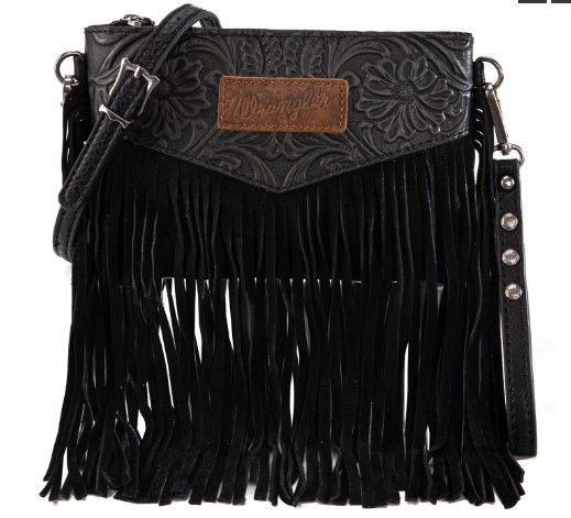 WG63-181 BK Wrangler Vintage Floral Tooled Collection Fringe Wristlet/Crossbody