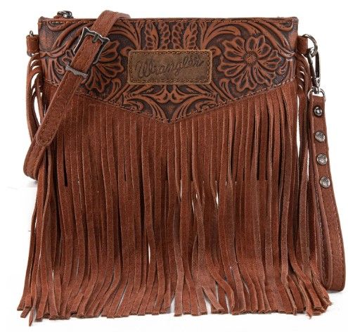 WG63-181 BR Wrangler Vintage Floral Tooled Collection Fringe Wristlet/Crossbody